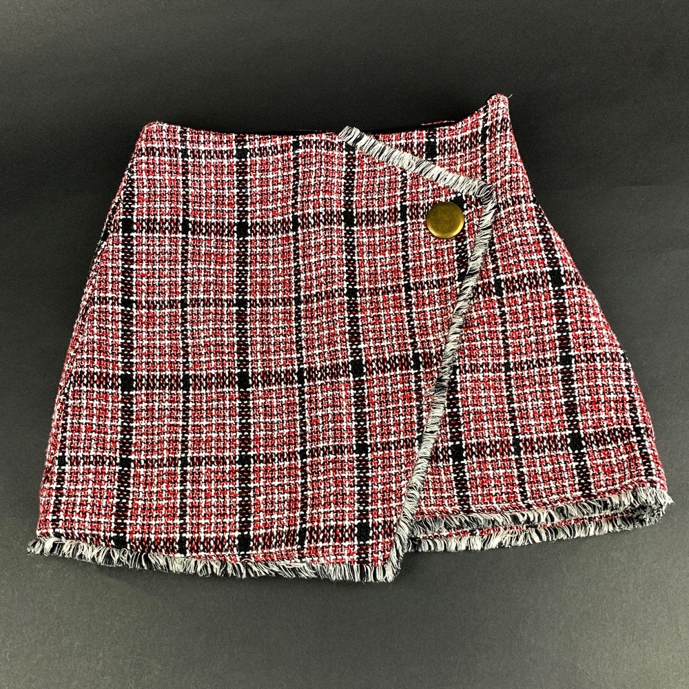 Chirwish Red Black & White Plaid Side Zipper Front Brass Button Detail Med Skirt